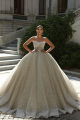 Strapless Beaded Ball Gown Lace Up Cathedral Train Bridal Gown With Appliques