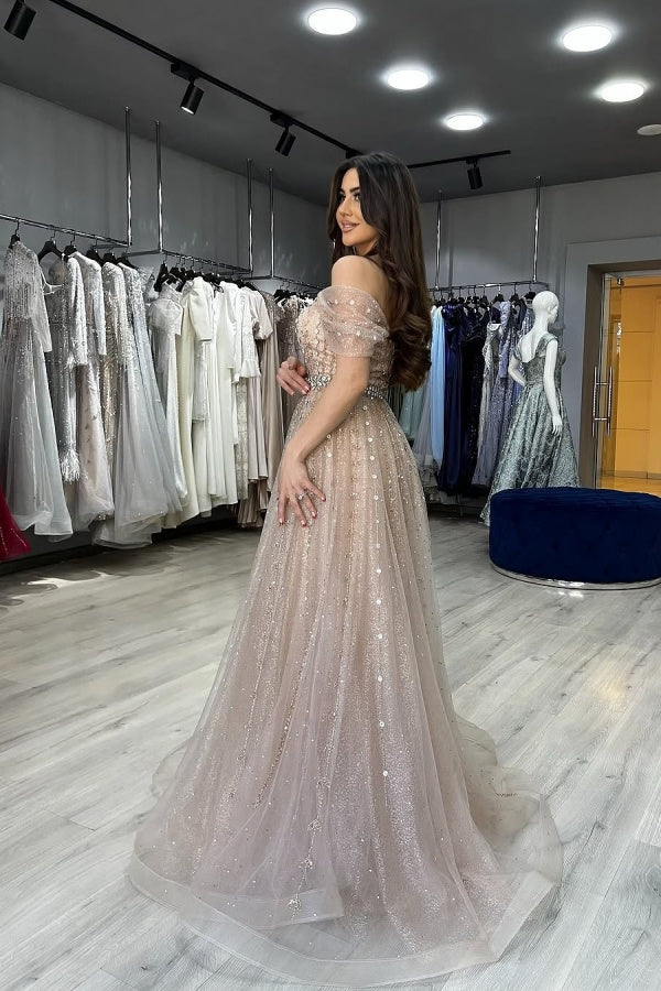 Strapless Beaded Formal Dress Off the Shoulder Evening Gown With Detachable Train