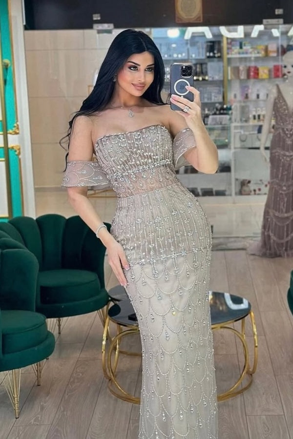 Strapless Beaded Formal Dress Off the Shoulder Evening Gown With Detachable Train