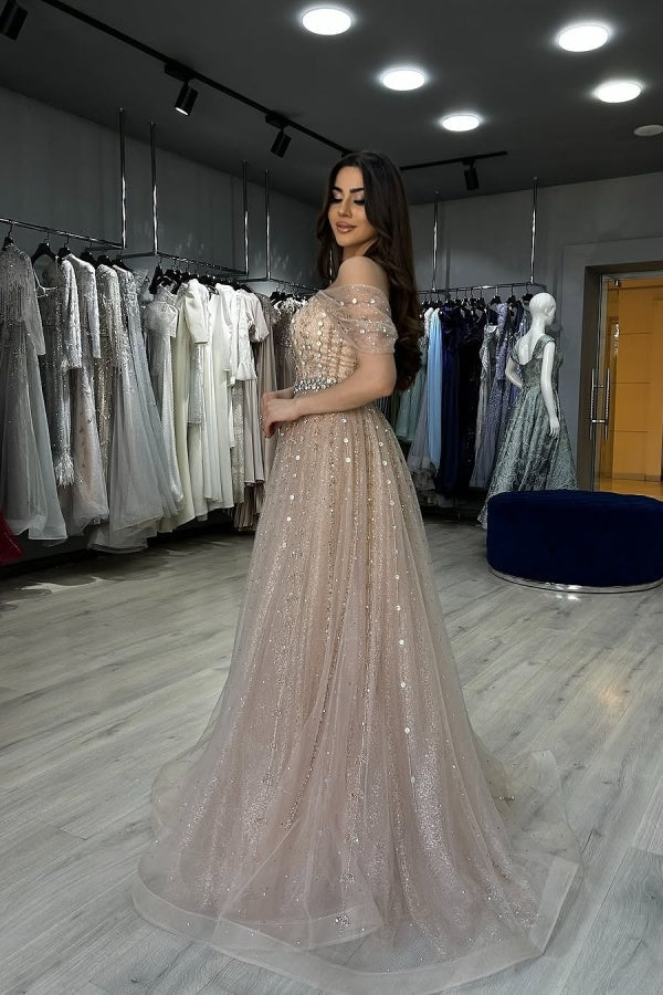 Strapless Beaded Formal Dress Off the Shoulder Evening Gown With Detachable Train