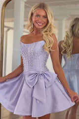 Strapless Beaded Homecoming Dress A Line Sleeveless Short Party Dress with Bowknot
