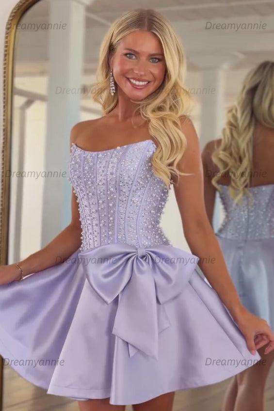 Strapless Beaded Homecoming Dress A Line Sleeveless Short Party Dress with Bowknot