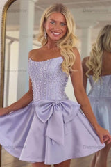Strapless Beaded Homecoming Dress A Line Sleeveless Short Party Dress with Bowknot
