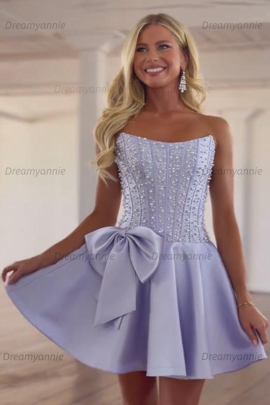 Strapless Beaded Homecoming Dress A Line Sleeveless Short Party Dress with Bowknot