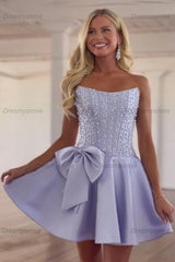 Strapless Beaded Homecoming Dress A Line Sleeveless Short Party Dress with Bowknot