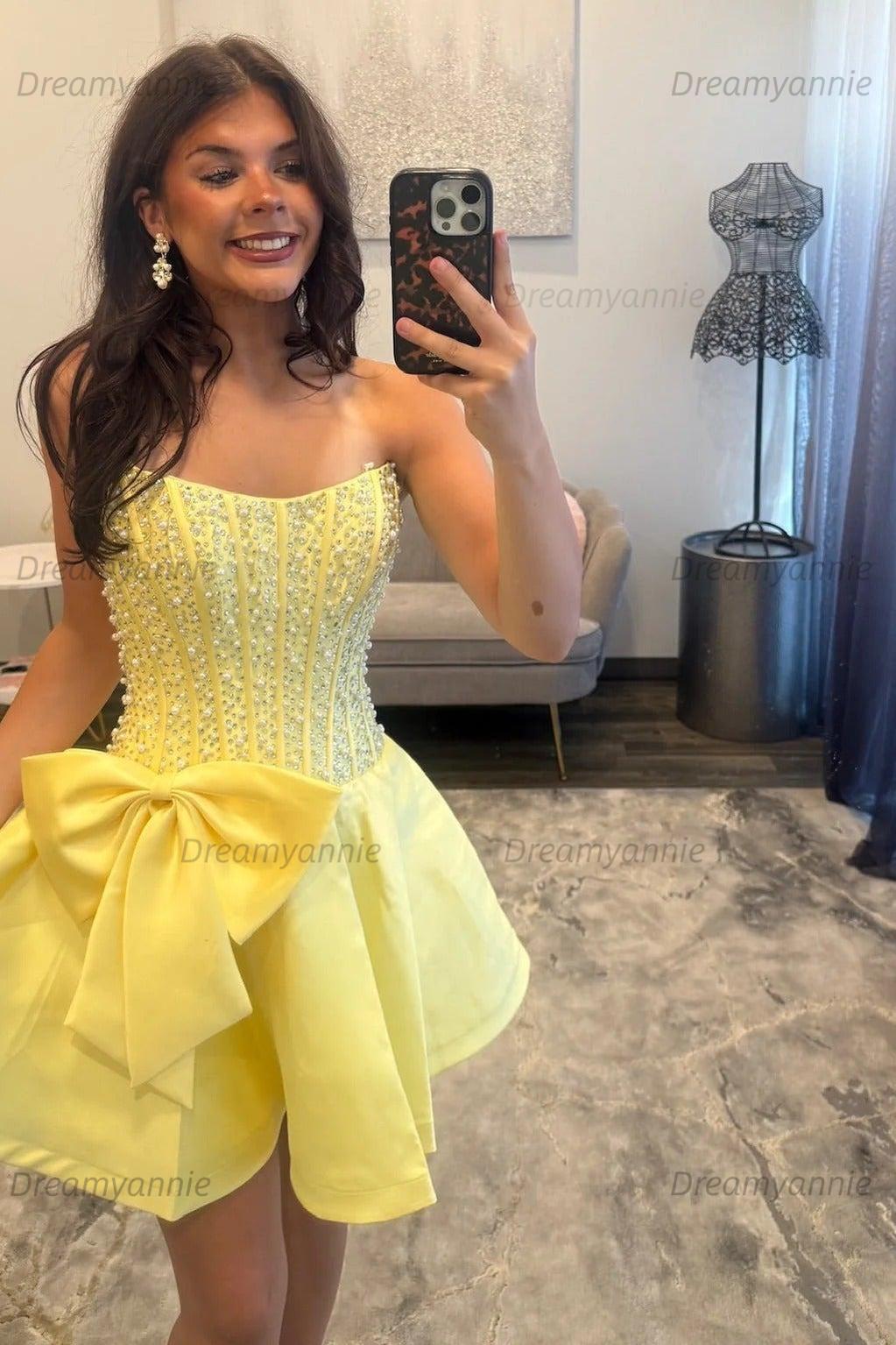 Strapless Beaded Homecoming Dress A Line Sleeveless Short Party Dress with Bowknot