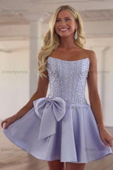 Strapless Beaded Homecoming Dress A Line Sleeveless Short Party Dress with Bowknot