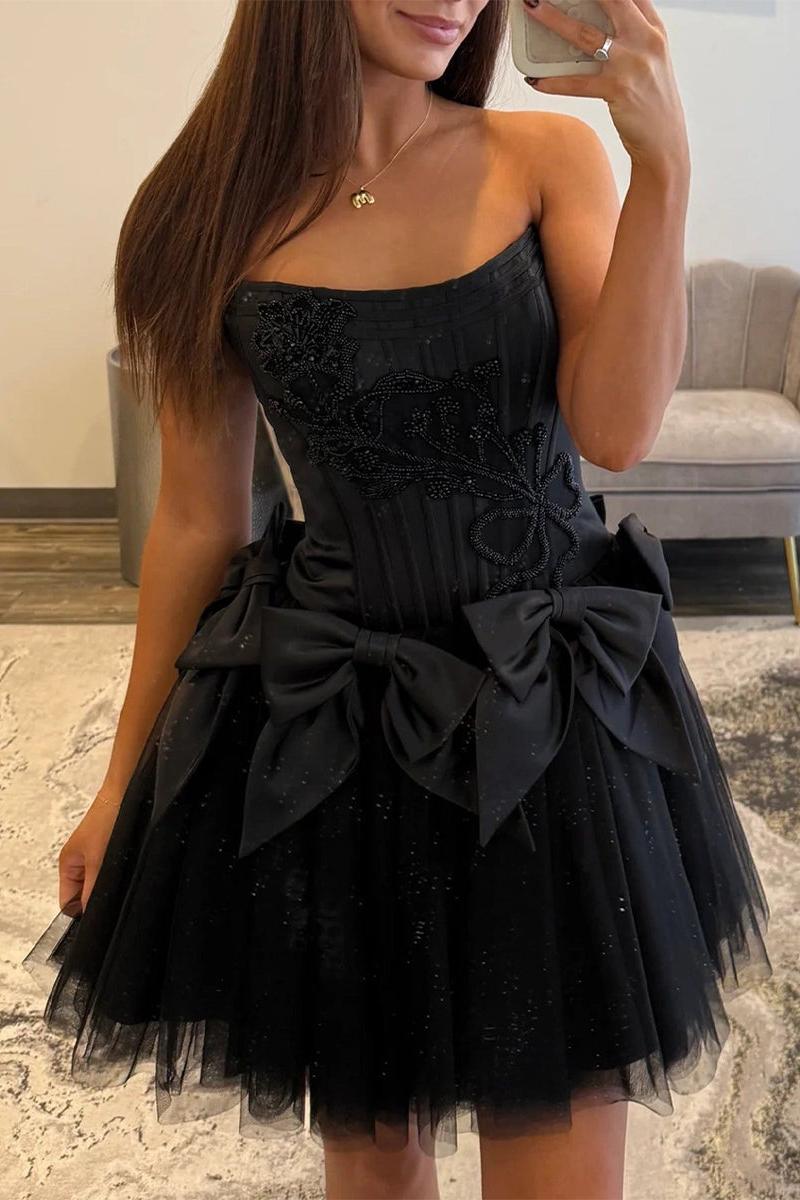 Strapless Beading Short Homecoming Dress with Waist Bow