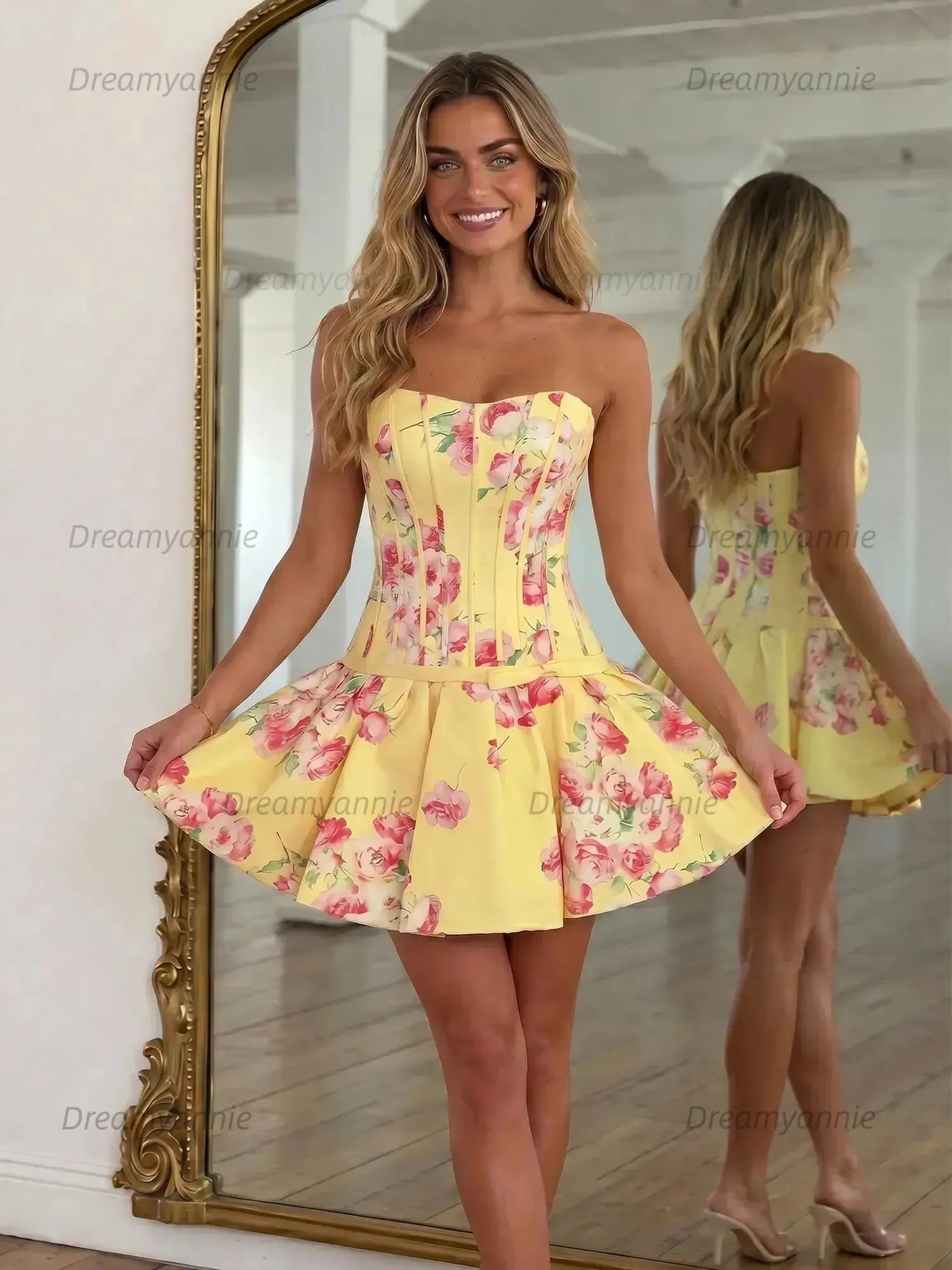 Strapless Floral Corset Homecoming Dresses Mini Cocktail Dress with Oversized Back Bow