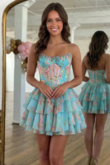 Strapless Floral Print Corset Mini Dress with Tiered Ruffles Homecoming Dresses