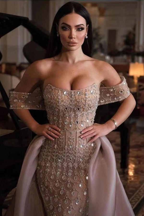 Strapless Formal Dress Beaded Tulle Organza Prom Dress with Panel Train