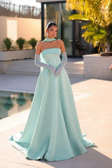 Strapless Formal Dress Light Blue Beaded A Line Prom Evening Dress
