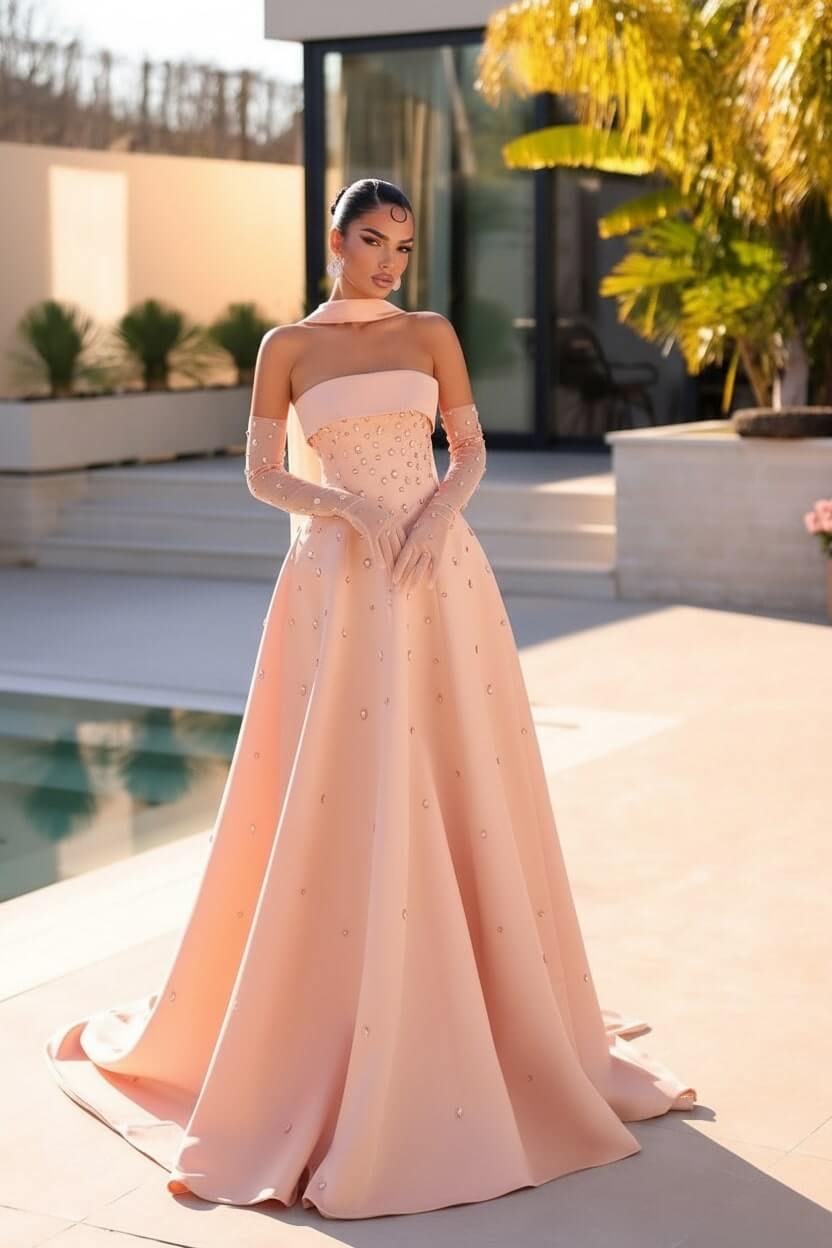 Strapless Formal Dress Light Blue Beaded A Line Prom Evening Dress