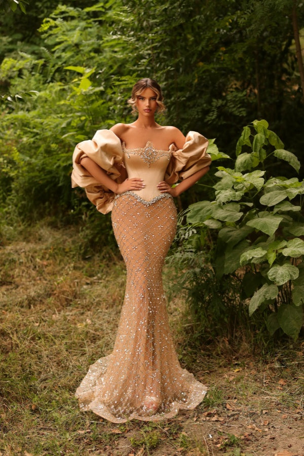 Strapless Formal Dress Mermaid Beaded Evening Gown with Sleeves