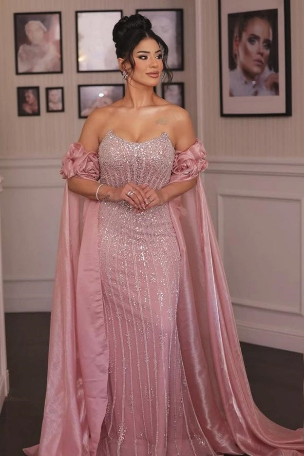 Strapless Formal Dress Pink Sheath/Column Beaded Prom Evening Gown with Sleeve Train