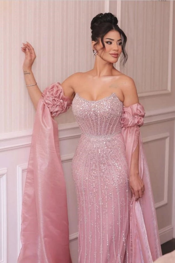 Strapless Formal Dress Pink Sheath/Column Beaded Prom Evening Gown with Sleeve Train