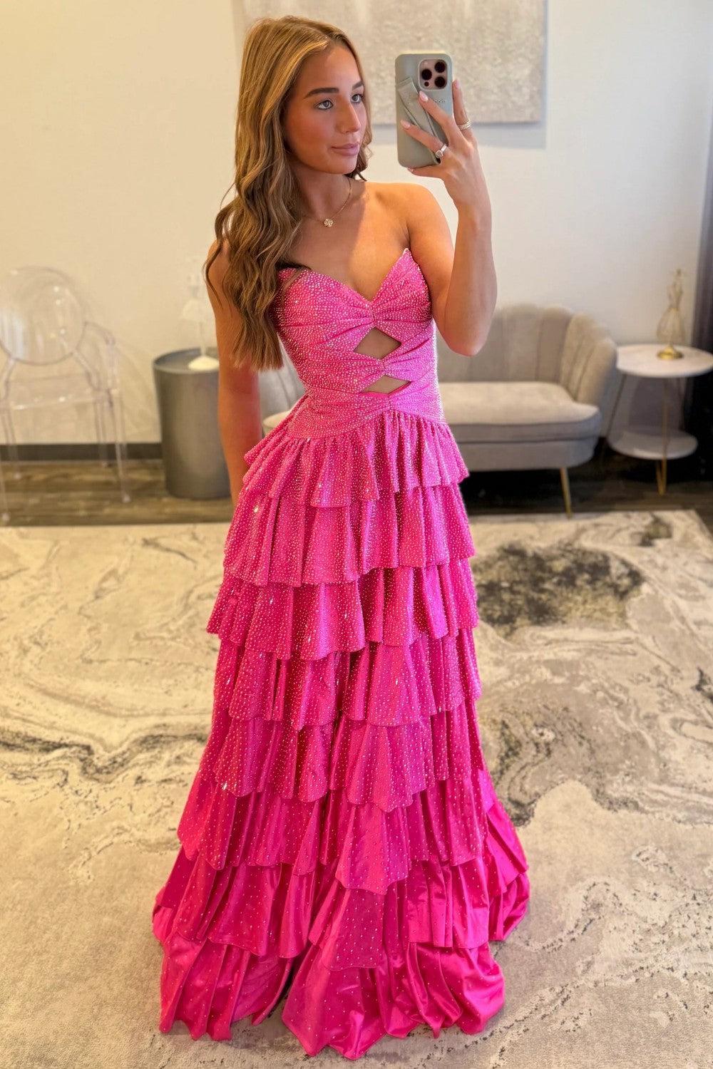 Strapless Hot A-Line Prom Dress With Keyhole Bodice Ruffle Skirt Slit And Lace Up Back Formal Evening Gown