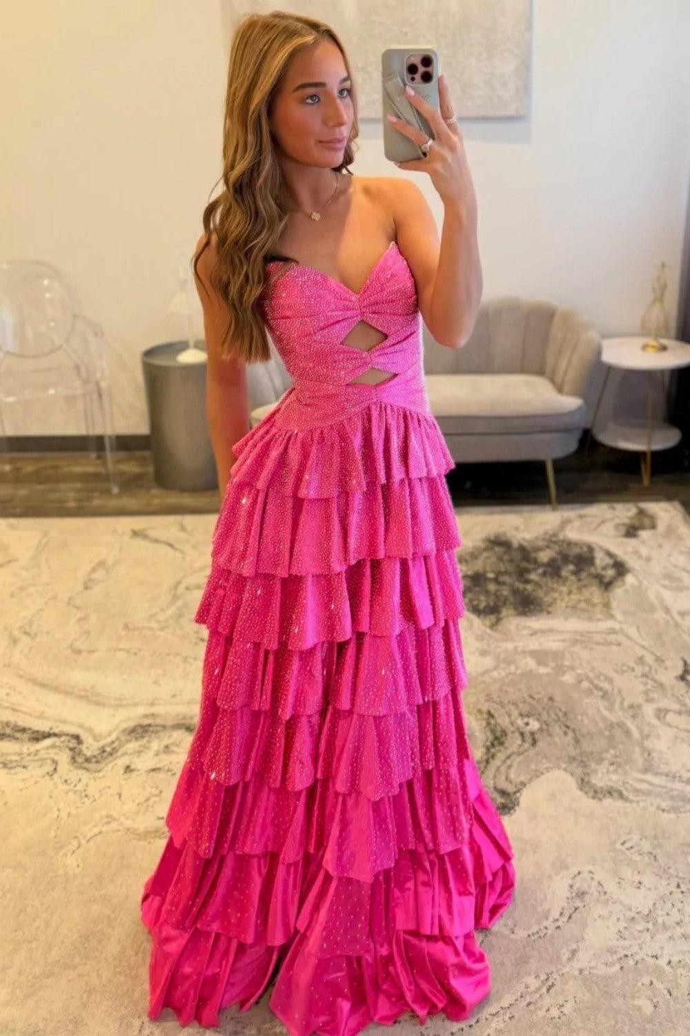 Strapless Hot A-Line Prom Dress With Keyhole Bodice Ruffle Skirt Slit And Lace Up Back Formal Evening Gown