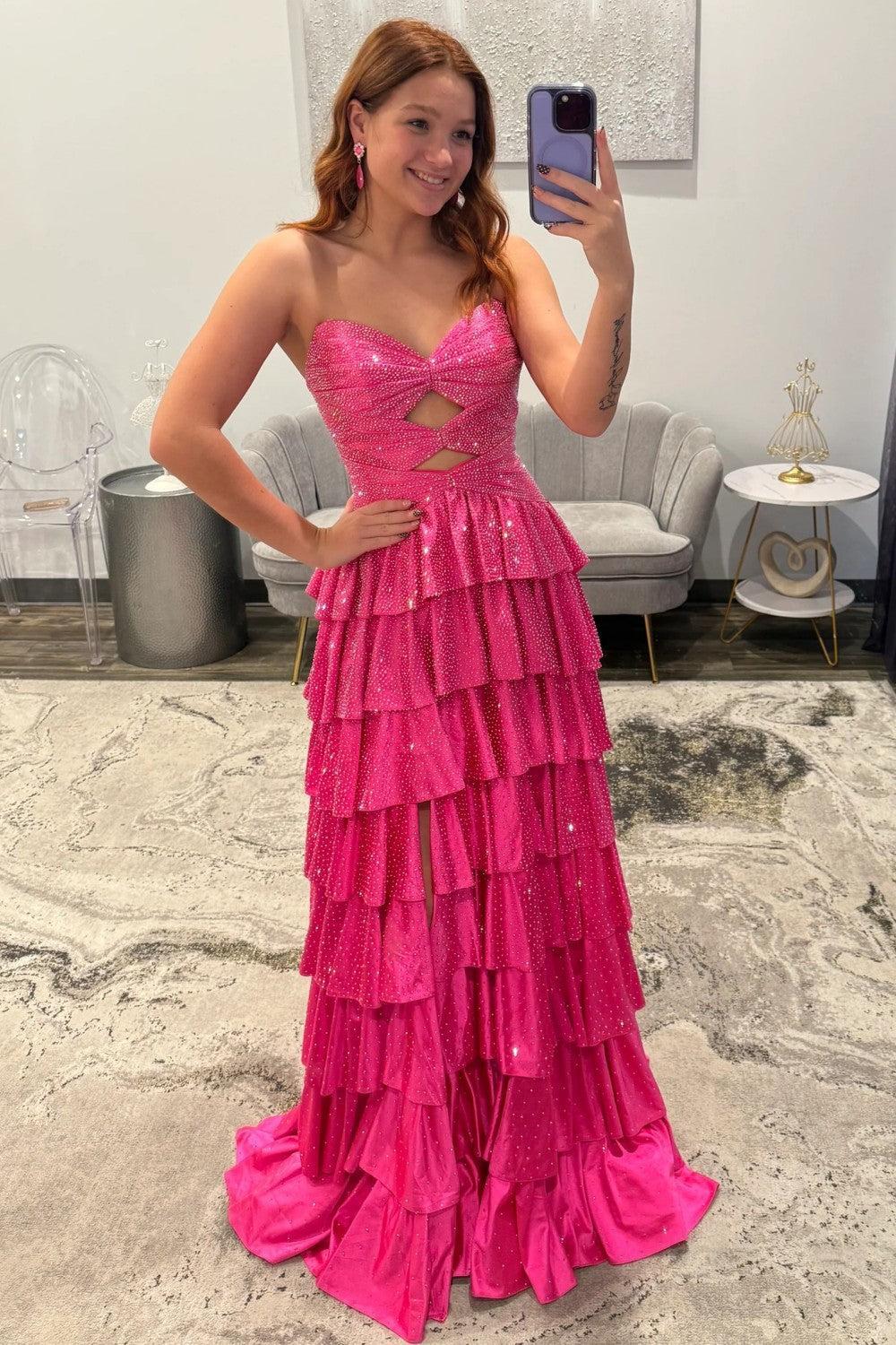 Strapless Hot A-Line Prom Dress With Keyhole Bodice Ruffle Skirt Slit And Lace Up Back Formal Evening Gown