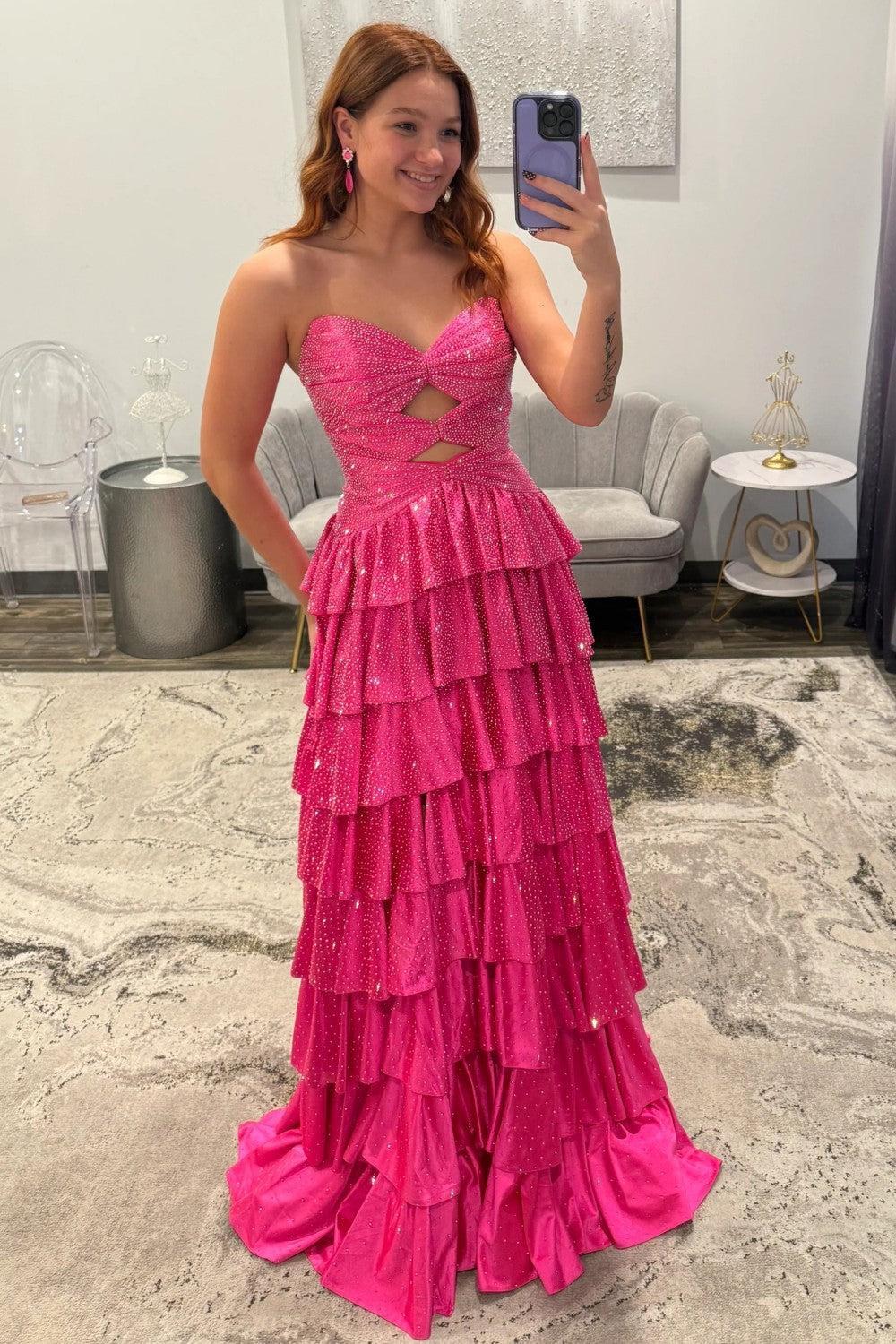 Strapless Hot A-Line Prom Dress With Keyhole Bodice Ruffle Skirt Slit And Lace Up Back Formal Evening Gown