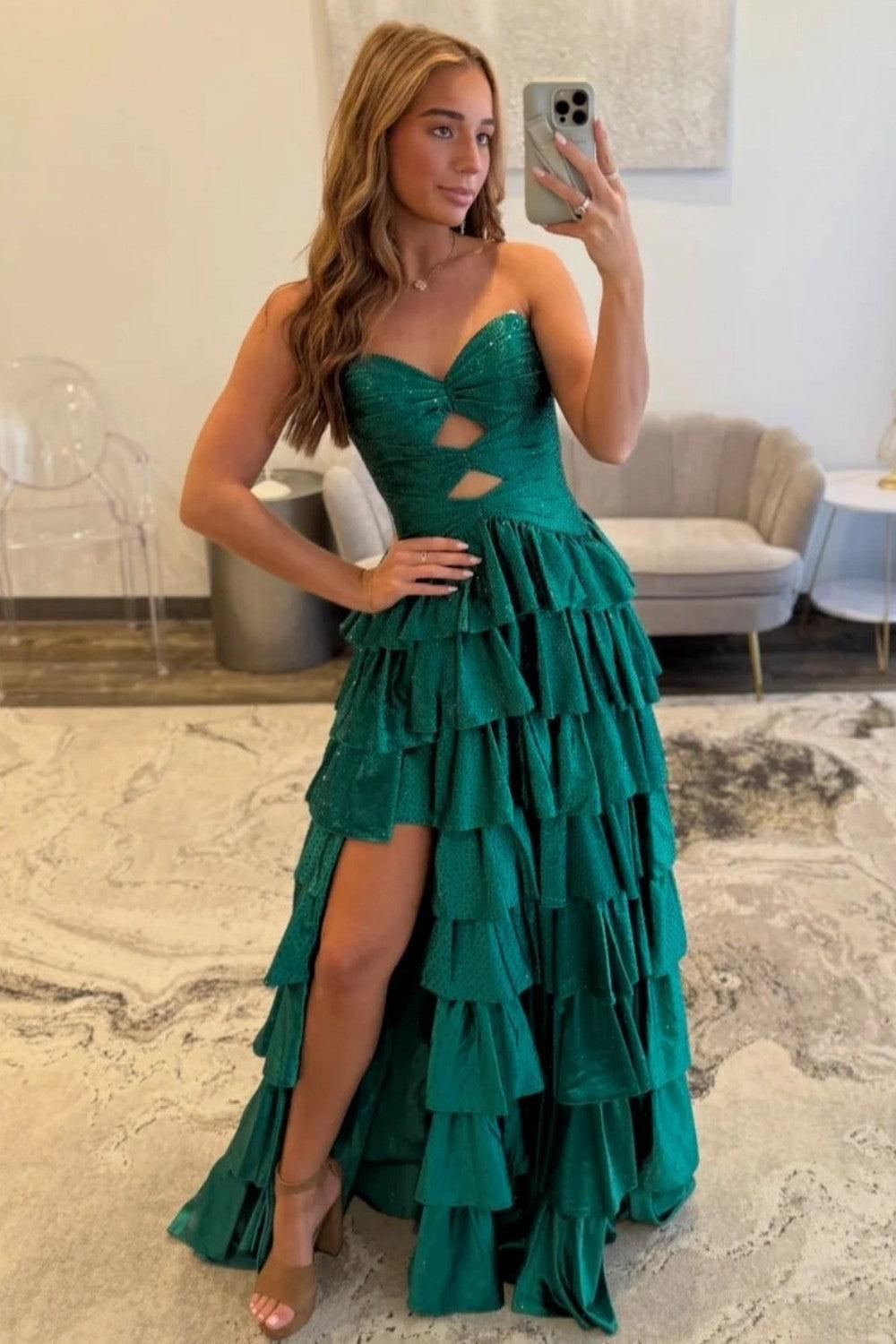 Strapless Hot A-Line Prom Dress With Keyhole Bodice Ruffle Skirt Slit And Lace Up Back Formal Evening Gown