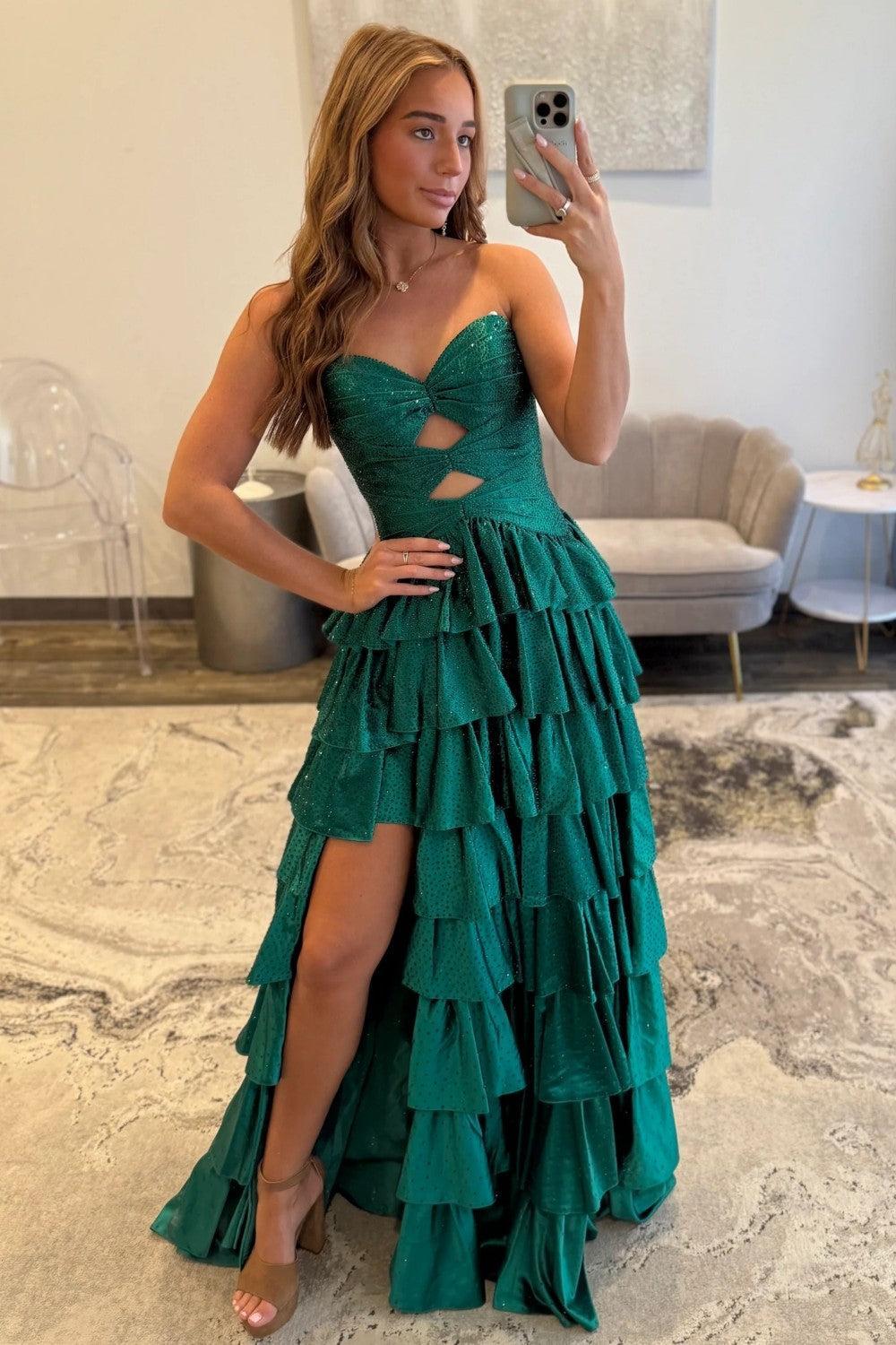 Strapless Hot A-Line Prom Dress With Keyhole Bodice Ruffle Skirt Slit And Lace Up Back Formal Evening Gown