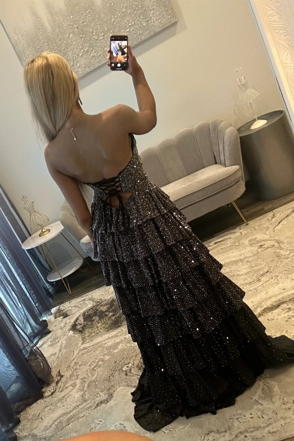 Strapless Hot A-Line Prom Dress With Keyhole Bodice Ruffle Skirt Slit And Lace Up Back Formal Evening Gown