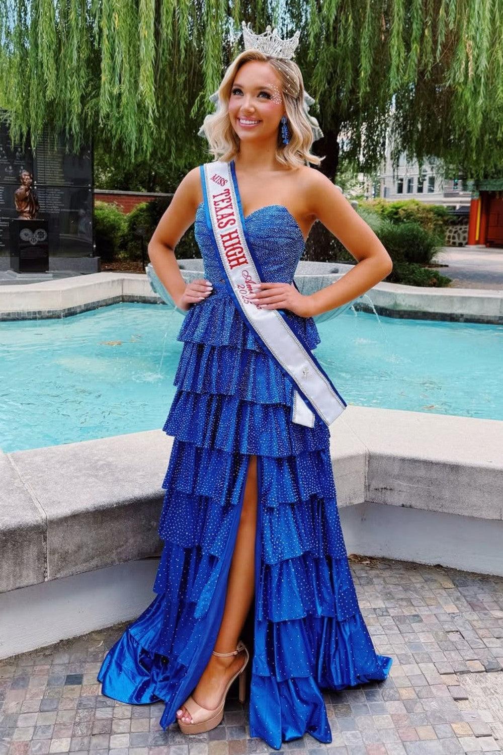 Strapless Hot A-Line Prom Dress With Keyhole Bodice Ruffle Skirt Slit And Lace Up Back Formal Evening Gown