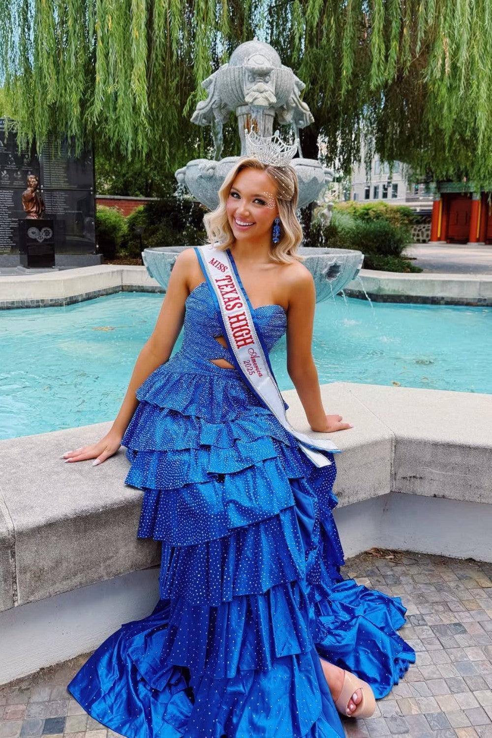 Strapless Hot A-Line Prom Dress With Keyhole Bodice Ruffle Skirt Slit And Lace Up Back Formal Evening Gown