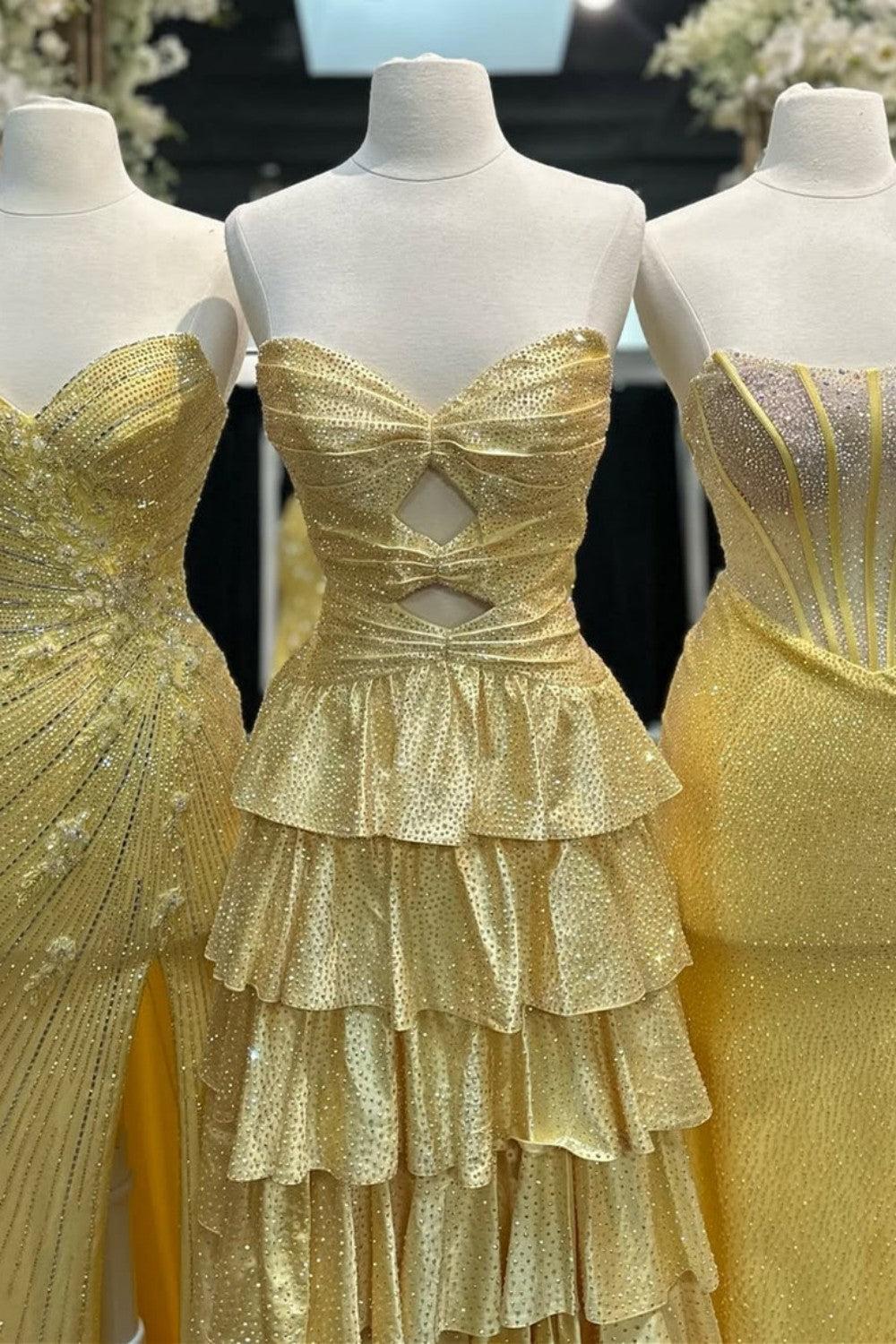 Strapless Hot A-Line Prom Dress With Keyhole Bodice Ruffle Skirt Slit And Lace Up Back Formal Evening Gown