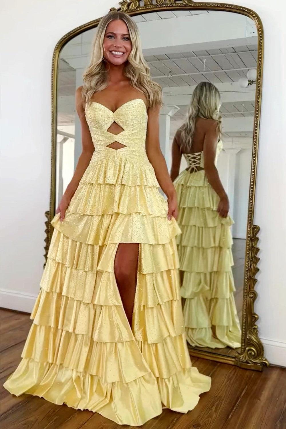 Strapless Hot A-Line Prom Dress With Keyhole Bodice Ruffle Skirt Slit And Lace Up Back Formal Evening Gown