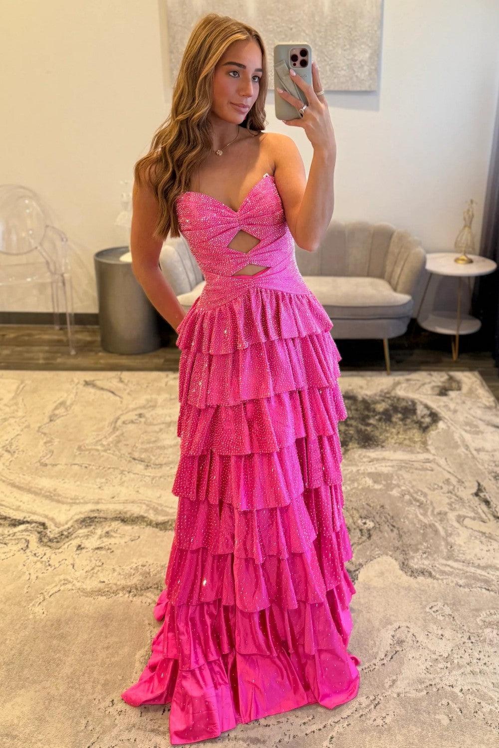 Strapless Hot A-Line Prom Dress With Keyhole Bodice Ruffle Skirt Slit And Lace Up Back Formal Evening Gown
