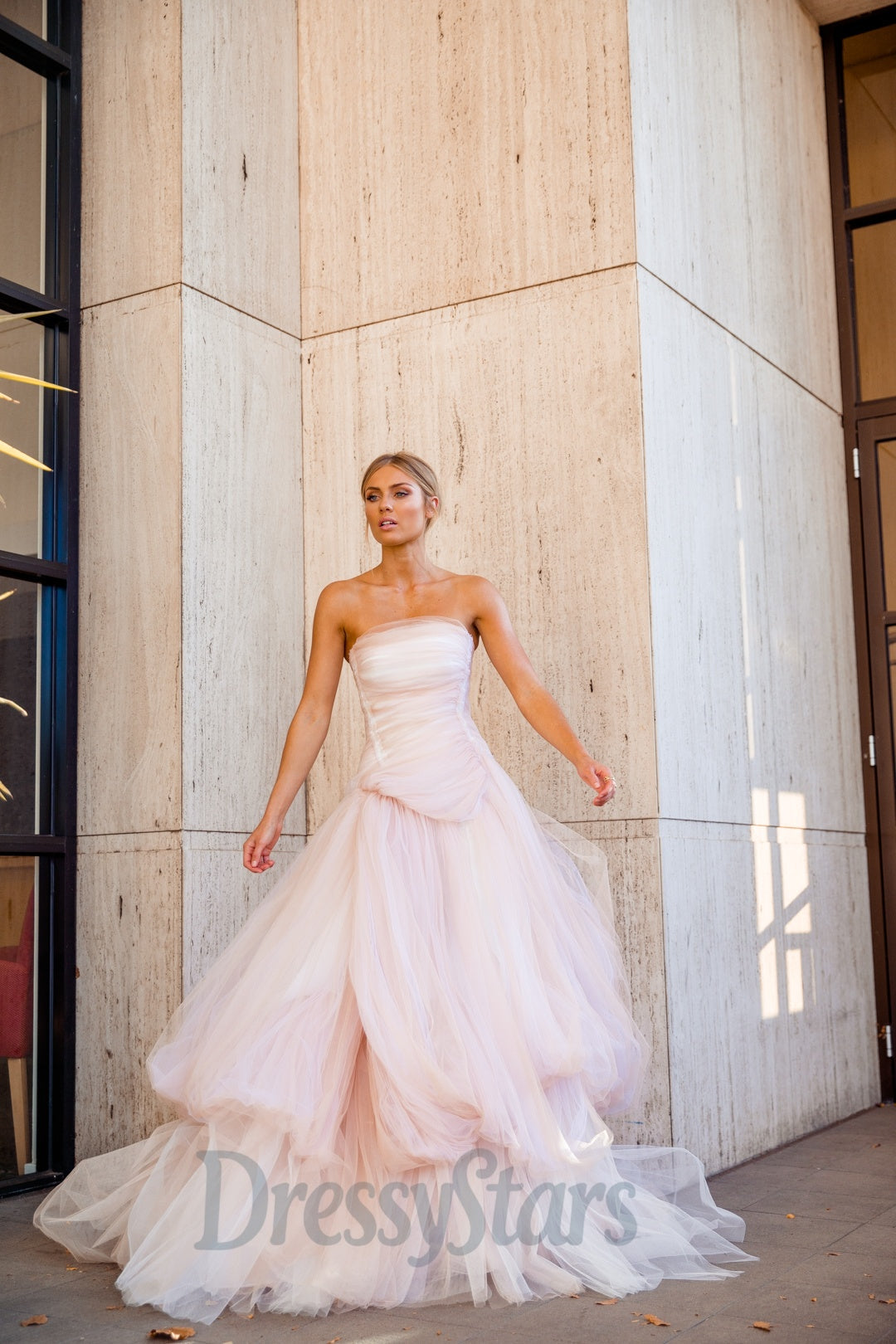 Strapless Light Pink Prom Dress Tulle Long Formal Dress A Line Evening Dress