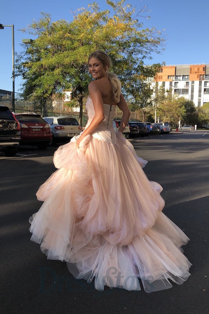 Strapless Light Pink Prom Dress Tulle Long Formal Dress A Line Evening Dress