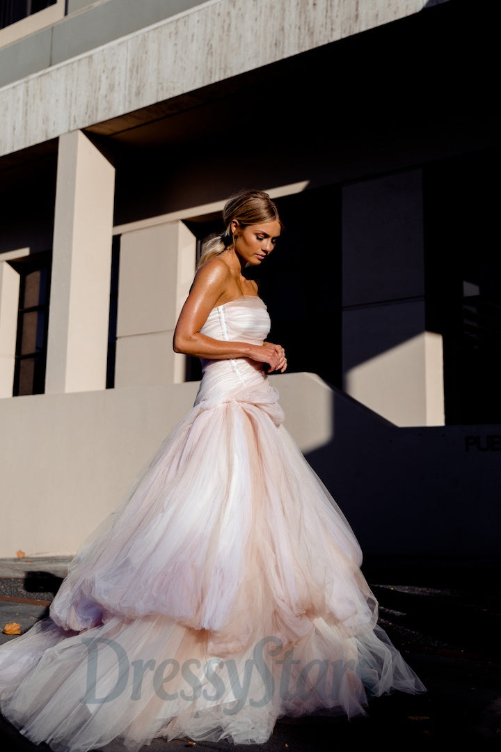 Strapless Light Pink Prom Dress Tulle Long Formal Dress A Line Evening Dress