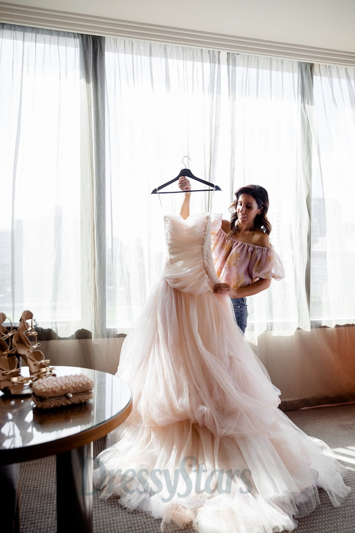 Strapless Light Pink Prom Dress Tulle Long Formal Dress A Line Evening Dress