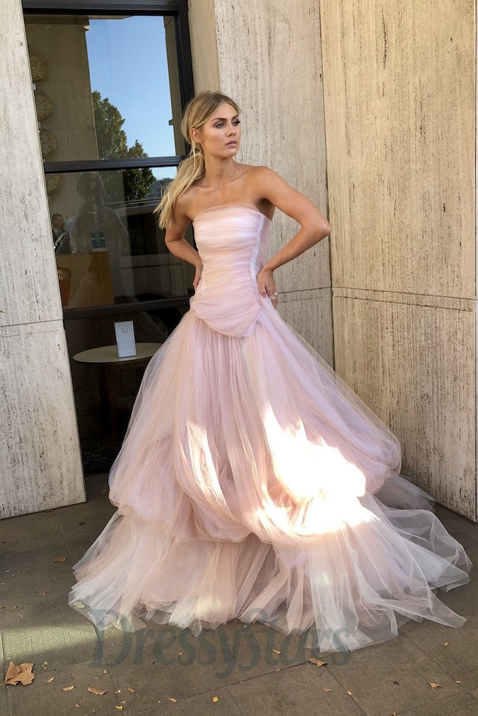 Strapless Light Pink Prom Dress Tulle Long Formal Dress A Line Evening Dress