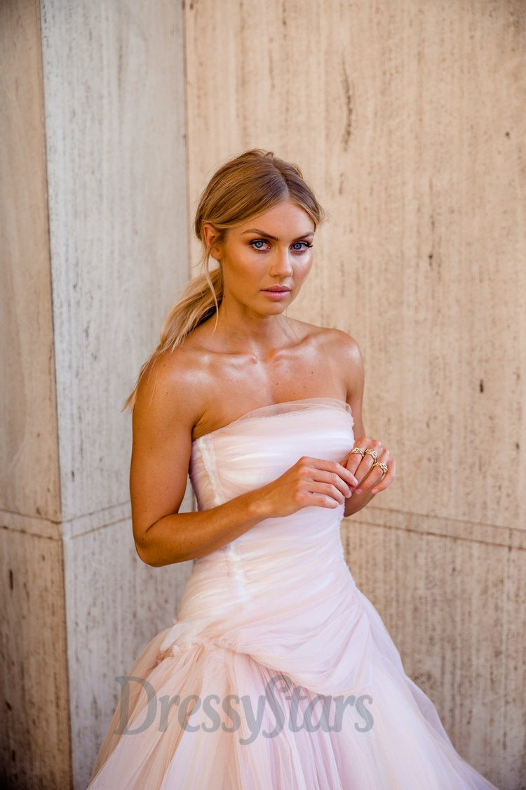 Strapless Light Pink Prom Dress Tulle Long Formal Dress A Line Evening Dress