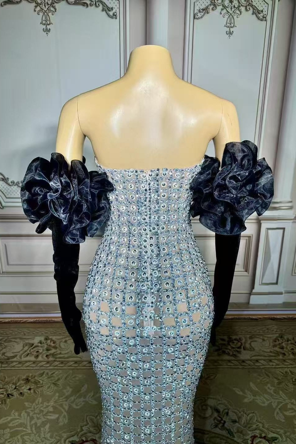 Strapless Mermaid Prom Dress Silver Beaded Evening Dress