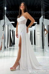 Strapless Metallic White Prom Dress Corset Side Cape Formal Dress With Slit