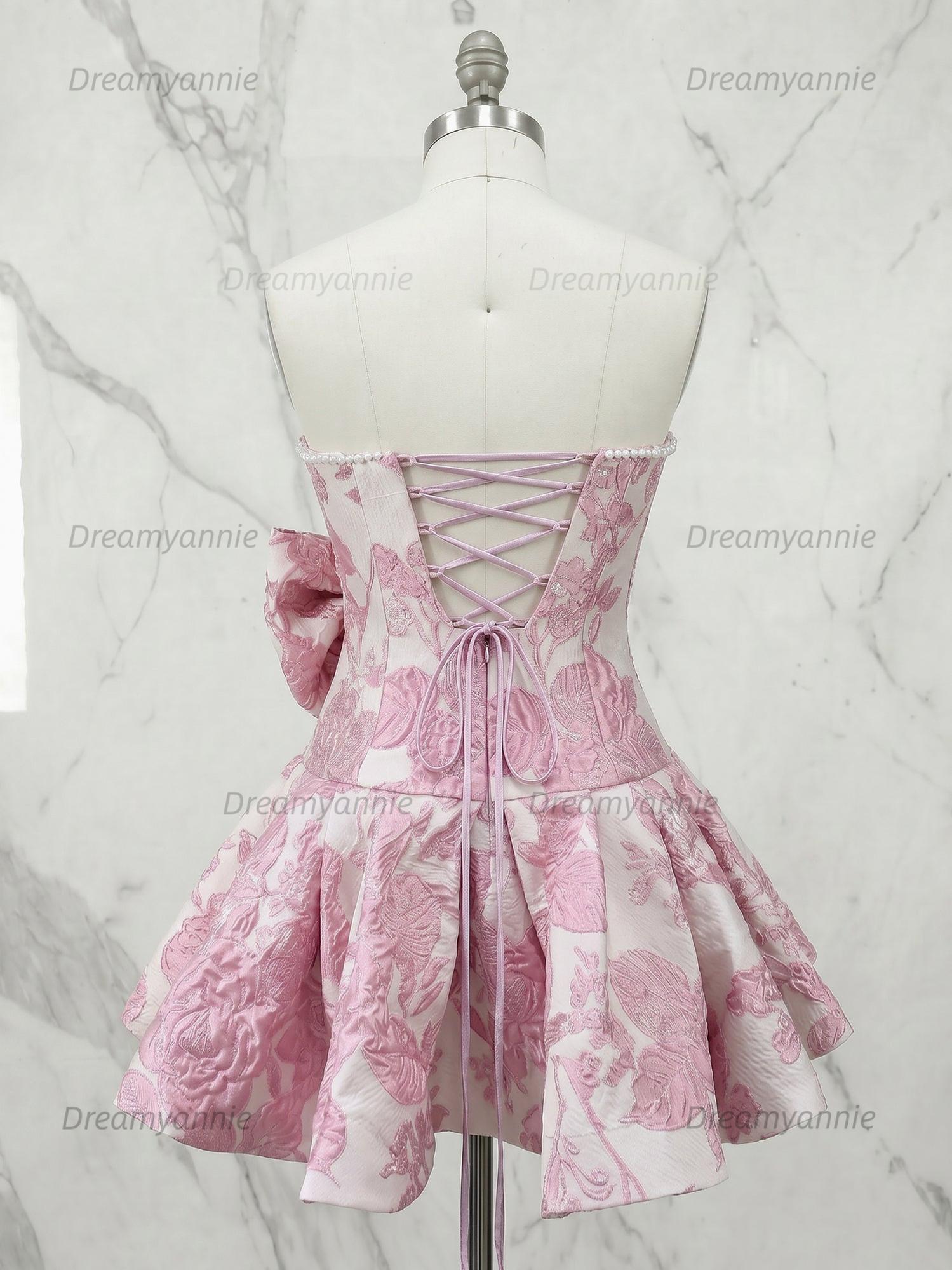Strapless Pearl-Trimmed Floral Jacquard Short Homecoming Dresses with Side Bow
