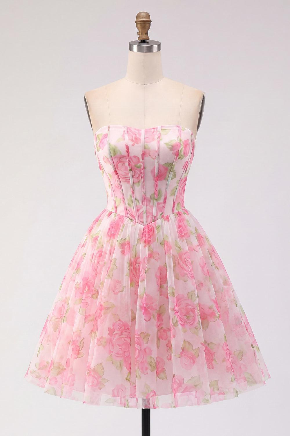 Strapless Pink Floral Corset Short A Line Homecoming Dress