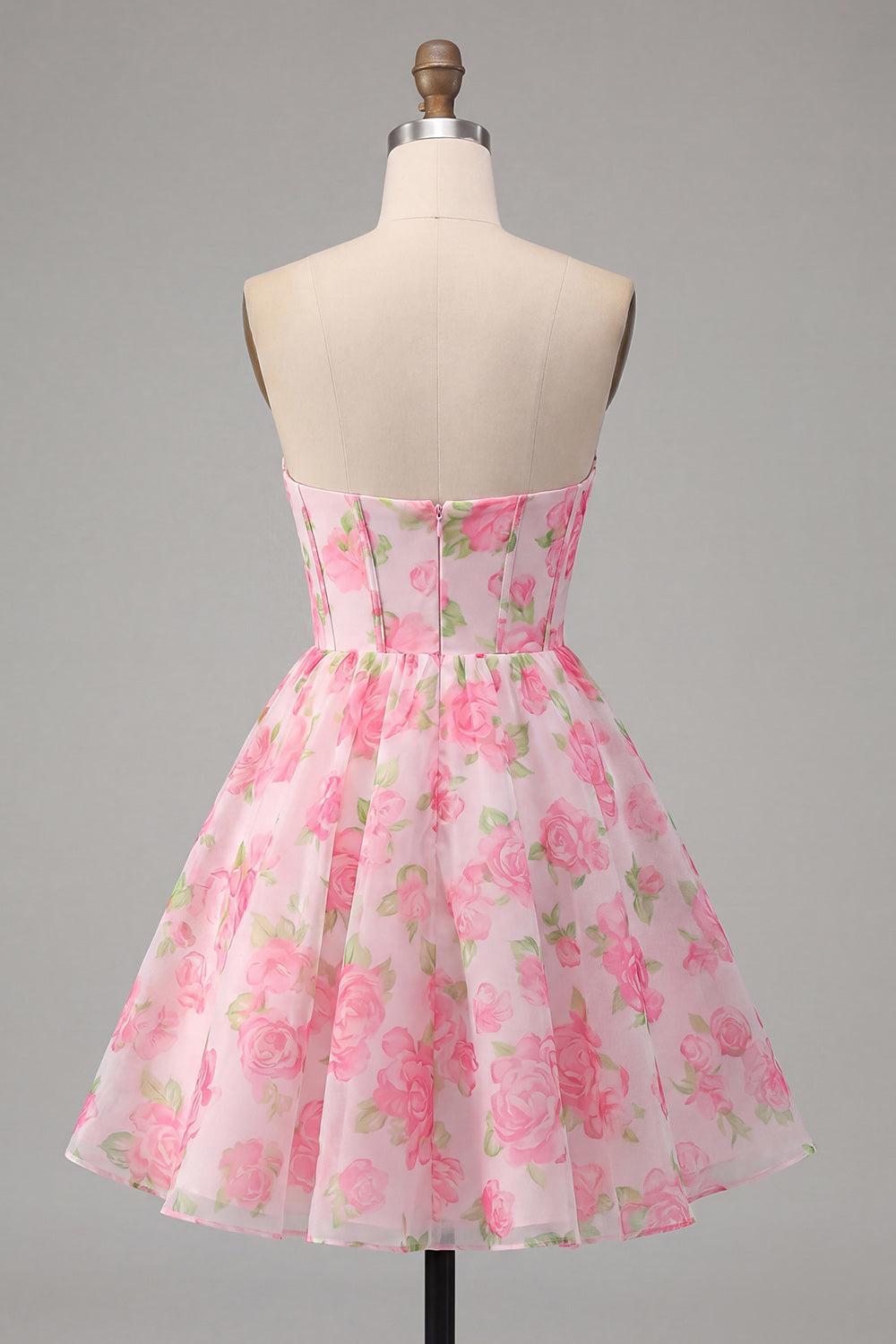 Strapless Pink Floral Corset Short A Line Homecoming Dress