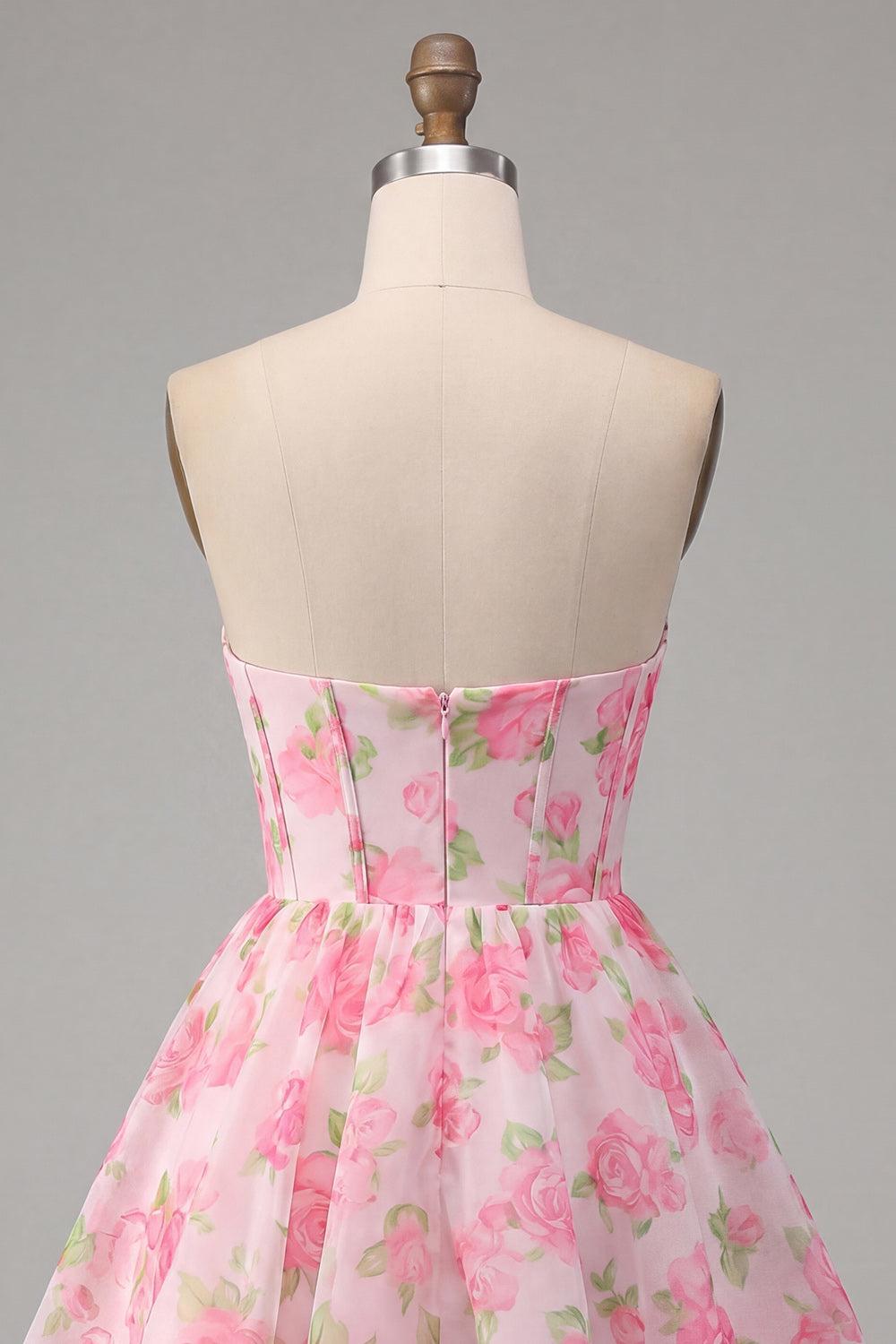 Strapless Pink Floral Corset Short A Line Homecoming Dress