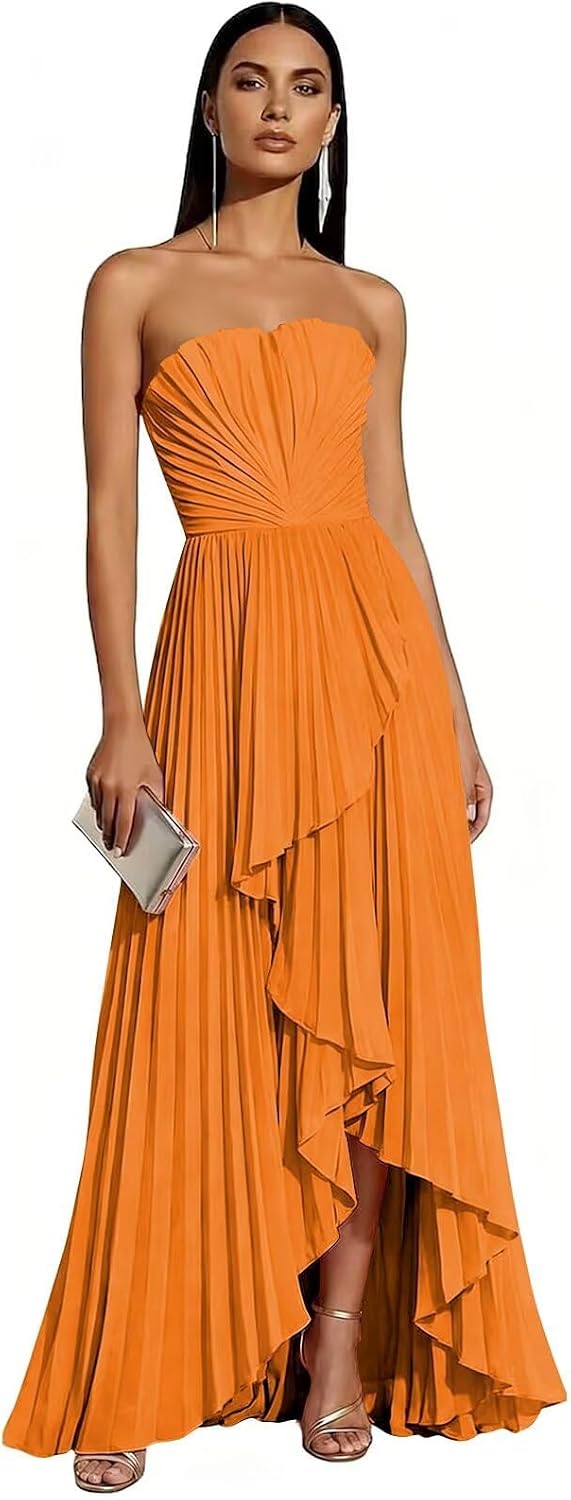 Strapless Chiffon Evening Dress with Pleats and Cascading Ruffle Hem