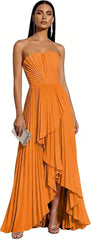 Strapless Chiffon Evening Dress with Pleats and Cascading Ruffle Hem