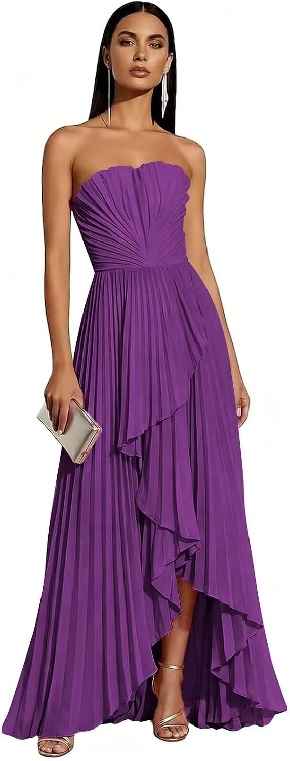 Strapless Chiffon Evening Dress with Pleats and Cascading Ruffle Hem