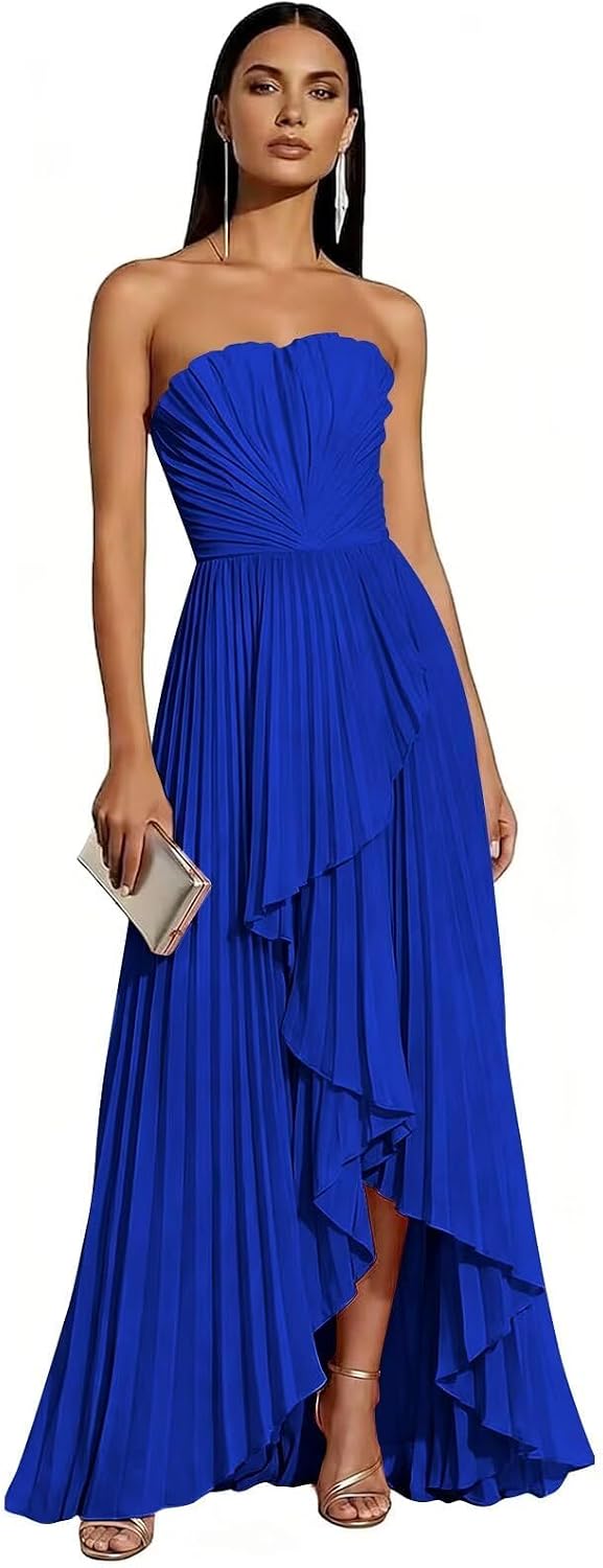 Strapless Chiffon Evening Dress with Pleats and Cascading Ruffle Hem