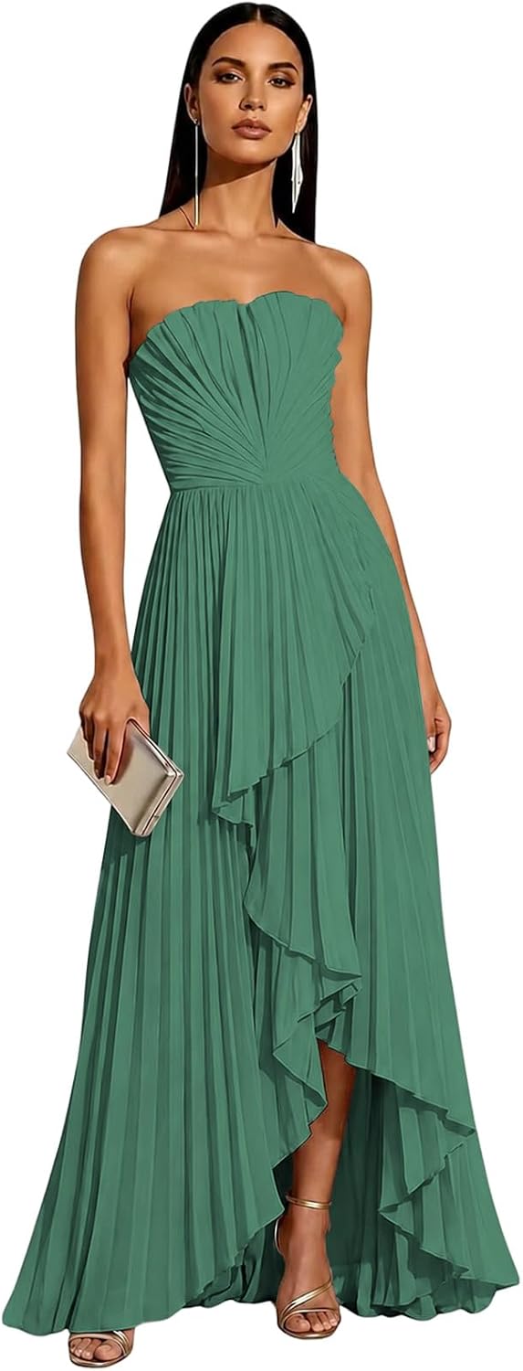 Strapless Chiffon Evening Dress with Pleats and Cascading Ruffle Hem