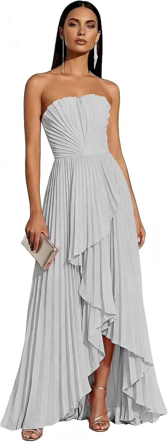 Strapless Chiffon Evening Dress with Pleats and Cascading Ruffle Hem